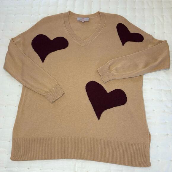 Laurie Felt Cashmere Blend Heart V-neck Sweater Pullover Women's M | Tan Merlot - Picture 1 of 12